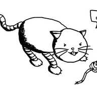 A robot cat making a slightly menacing face as it presents a torn wire with a plug on the end. It has a speech bubble with a picture of a battery in it.