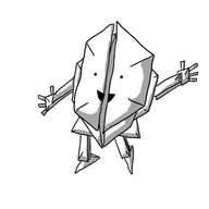 A robot made of what appears to be elaborately folded sections of paper. It has arms and legs with little hands and feet, but they're all made of angled folds. Its smiling face stradles a front section consisting of two large trapezia with a vertical gap in the middle.