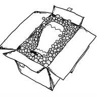 A cardboard box, open at the top and containing a vase lying on its side which is surrounded by hundreds of tiny, spherical robots packed tightly.