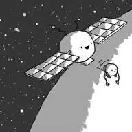 A spherical robot with big solar-panel wings like a satellite, in orbit above a planet with a dark starfield behind. A hatch on its bottom is open to release a second, smaller robot with tracks and long, jointed arms.