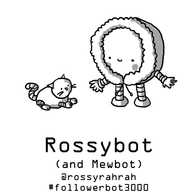 A little robot in a fluffy parka hood with rosy cheeks, smiling down at a smaller Cattobot.