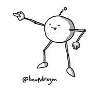 A spherical robot with slim, jointed arms and legs, reaching upwards with one finger extended. It had one eye squeezed shut and its tongue sticking out.