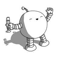 A spherical robot with banded arms and legs and a zigzag antenna, holding a flute of something sparkling in one hand while waving with the other. It looks very happy and has its eyes closed, as if basking in adulation.