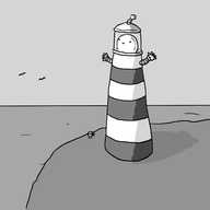 A robot in the form of a lighthouse, of the stripy, tapering variety. It has two arms near the top and its head is the bulb in the top section, which also has an antenna. It's set on a headland looking out to see, with Wistfulbot standing nearby.