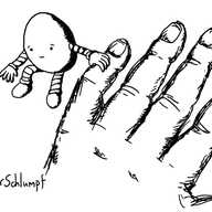 An egg-shaped robot sitting next to a human hand, holding onto the little finger and smiling reassuringly.