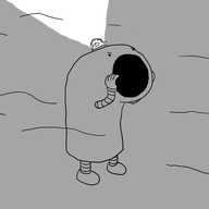 A robot shaped like an old-fashioned curved ship's foghorn with a huge, open round mouth. It's cupping its hands and presumably bellowing into the thick fog that enshrouds it. On its top is a rotating light sending out a bright beam into the sky.