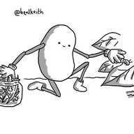 A bean-shaped robot with jointed arms and legs, wearing little boots and gardening gloves. It's kneeling in a field, plucking a caterpillar from a leaf while depositing another in a small jar filled with bits of grass and a few other caterpillars.