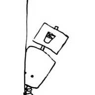 A squarish robot peeking out from behind a corner. Attached to the top of its head is a sign with a picture of a glass of water.