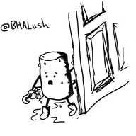 a cylindrical robot wearing little boots and carry an umbrella pushing open a door. it has an alarmed expression on its face and is covered in raindrops. a large puddle is forming at its feet.