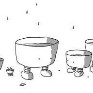 A set of five robots in the form of flat-bottomed bowls of various sizes, partially filled with water and each with a pair of legs on the bottom and eyes on the front. One is walking off somewhere, the smallest is being surprised by a splash landing in it and one on the far right has fallen asleep - a small puddle has formed beside it as a result. A series of drips are falling from above.