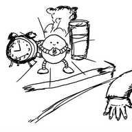 a round robot standing on a bedside cabinet with an old-fashioned alarm clock on one side, a glass of water on the other and a teddy bear in the background. the robot is smiling with its hands folded across its middle and giving out a bright glow. beside the cabinet, a child's hand is visible resting on the covers.