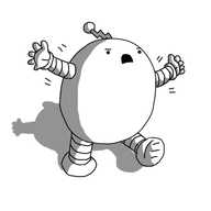 An ovoid robot with banded arms and legs and a zigzag antenna, wearing an anguished expression on its face and waving its arms around.