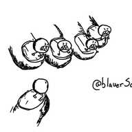 The fingertips of a hand curled around so all five are visible, with each nail protected by a tiny round robot with little legs, giant gnashing teeth and an angry expression.