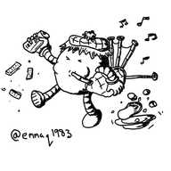 a round robot playing a set of bagpipes, wearing a tartan hat with a wig, carrying a can of Irn Bru as it stomps around, kicking up pieces of shortbread and displacing a bowl containing haggis and tatties and neeps.