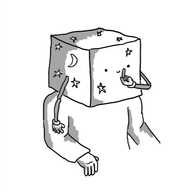A robot in the form of a cubic box that entirely covers someone's head. The robot/box is decorated with moon and star motifs and has two jointed arms on either side. One finger is raised to its smiling mouth on the front, shushing.