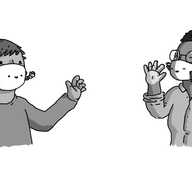 Two people smiling and waving at each other while wearing robots in the form of face masks. The robots have little faces on the front and a pair of tiny banded arms and are also waving at each other and making the same facial expressions as their wearers.