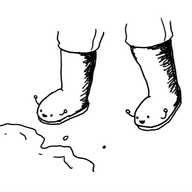 someone wearing a pair of Wellington boots that are also robots. they have very happy faces on the front and are each waving little arms in the air as the wearer approaches the edge of a muddy puddle.