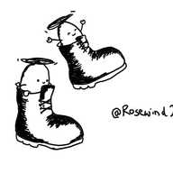 Two ovoid robots, each sitting in one of a pair of boots. They have little arms and propellers on top. One is holding the edge of its boot as it lands on the ground, while the other's boot is in mid-air and it has its arms up and a joyous expression on its face.