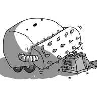 A large, wheeled robot with a roughly semi-cylindrical shape, sporting a spiked roller on its front. It's cheerfully driving over a toppled statue, angled onto its crumbling plinth, which reads 'SOME DEAD RACIST'.