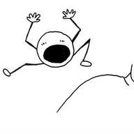 A spherical bot with thin, jointed arms and legs, leaping into the air behind someone's shoulder and waving its hands as it yells loudly to scare them.