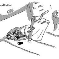 A small round robot standing on the passenger seat of a car, offering up a soft drink carton. Behind it is an open packet of liquorice all-sorts, spilling out onto the seat.