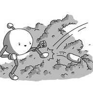 A spherical robot with joined arms and legs and an antenna, surrounded by billowing clouds of smoke that pour from the end of a cylindrical canister that has been fired at it and which it is now kicking back whence it came. It has a look of unabashed triumph on its face.