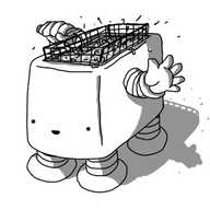 A robot in the form of an oblong deep-fat fryer. It has four banded legs on its underside and its smiling face is on one of the narrower sides. It has two banded arms and one is reaching up to lift its frying basket from its bubbling, spitting interior.