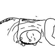 A sleeping ovoid robot, curled up next to a sleeping person, with a contented look on its face, with lines indicating radiating heat around it.