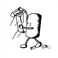 a cylindrical robot with a concerned expression snatching away a pack of cigarettes while stamping another one out with its foot.