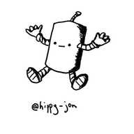 a cylindrical robot sitting on the ground and shrugging with a neutral expression on its face.