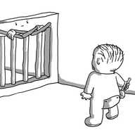 A robot in the form of a baby gate, blocking the path of a toddler in a onesie holding a rattle. The robot has two jointed arms folded across its top section and is making a stern face.