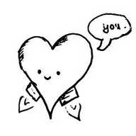 A heart-shaped robot with two gas-burning rocket thrusters keeping it floating midair. It is smiling and saying the word "you".