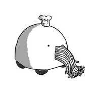 A rounded robot on four wheels wearing a small chef's hat and with a large, smiling mouth from which is being pushed many strands of spaghetti.