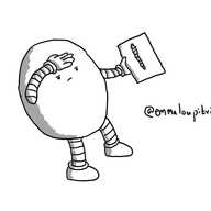 An avoid robot shielding its eyes with its hand as it stares off into the distance while holding a piece of paper with a picture of a spine on it.