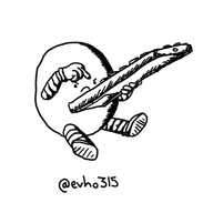 A round robot sitting down with its legs splayed, holding a TV remote in one hand and grumpily jabbing at a button on it with the other.