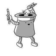 A robot in the form of an upturned top-hat, with banded arms and legs. It is holding a magic wand in one hand and the other is pulling a somewhat bemused-looking rabbit from inside itself by its ears.