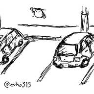 A row of parked cars in a car park, with one free space in the middle, above which hovers a waving, spherical robot with a propeller on top.