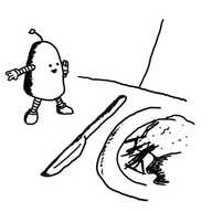 a small cylindrical robot with a rounded top and banded arms and legs standing on a table next to a knife and a plate of food, pointing offscreen with its other hand raised to its mouth as if whispering conspiratorially.