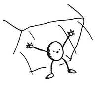 a smiling round bot with spindly, jointed arms and legs, throwing off a box that it's been hiding underneath.