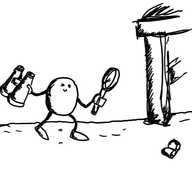 a small round robot with thin arms and legs carrying a magnifying glass and binoculars while searching a carpeted floor with a chair in the background. it is squinting at a butterfly from the back of an earring a short distance away.