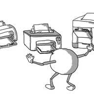 A spherical robot with jointed arms and legs re-enacting the scene from Jurassic World in which Chris Pratt's character calms down three velociraptors with outstretched palms, except instead of dinosaurs, they're different printer models.