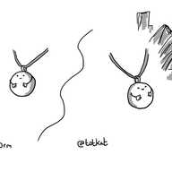 Two identical spherical robots, each hanging from a cord like a necklace, with little arms folded across their fronts below their smiling faces. One robot is looking at Big Ben, while the other - separated by a wavy line - is looking at the Sydney Opera House.