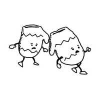 two robots in the form of mittens with little arms and legs and worried expressions on their faces as they hurry after someone.