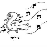 A long, worm-like robot bent into a z-shape with a determined little face at the lower end, crowned by two antennae. It has five pairs of jointed arms down the length of its body, several of which are breaking apart cartoon musical notes. Whole notes are drifting towards the robot on curving waves.