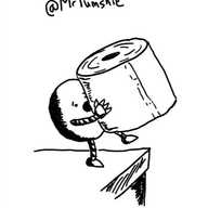 A round robot standing on a counter with an alarmed expression on its face as it opens its mouth to call out. It is holding up a toilet roll larger than itself and overbalancing slightly in its haste.