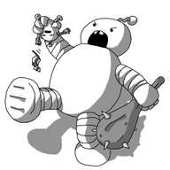 An enormous vaguely humanoid robot with banded arms and legs and a zigzag antenna. It's stomping along with a big spiked club in one hand, while the other picks up a second, terrified-looking robot, held upside down and who, in the course of being lifted, has dropped an England flag. The first robot is manoeuvring his victim towards its large, gaping mouth that sports two rectangular teeth.