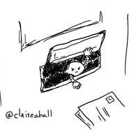 a round robot peeks out from between a letter box's bristles, holding up the flap with one hand while reaching out to some proffered post with the other. it has an angry expression on its face.