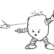 A robot with a blinking light tugging on a person's trouser leg and pointing urgently at a dog in the distance.