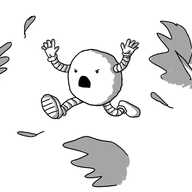 A spherical robot running into a group of terrified crows waving its arms and yelling as they flap away, scattering feathers in their wake.