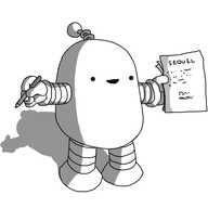 A round-topped robot with banded legs and a coiled antenna. It's holding a few pages labelled 'SEQUEL' in one hand and a pencil in the other.